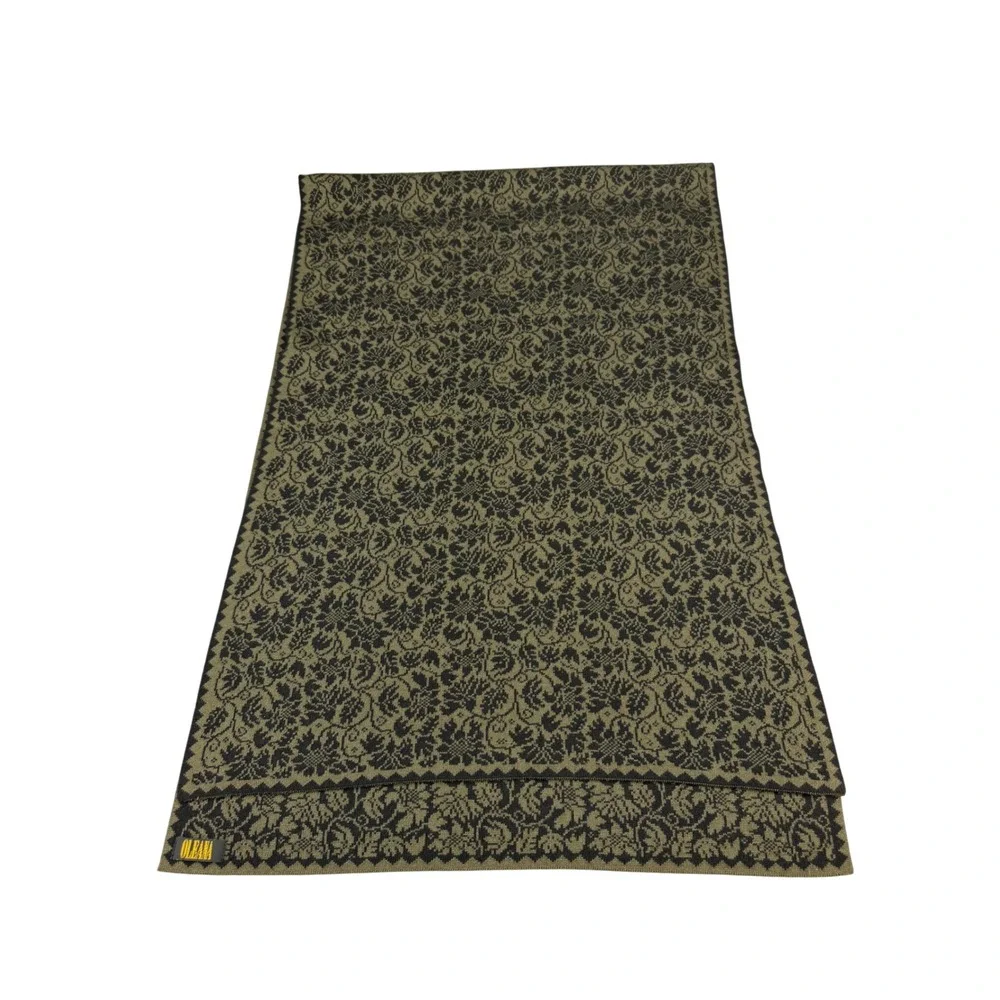 Oleana Norway Knit Scarf Olive Green Black Floral Damask Rectangular Wrap 62x21
